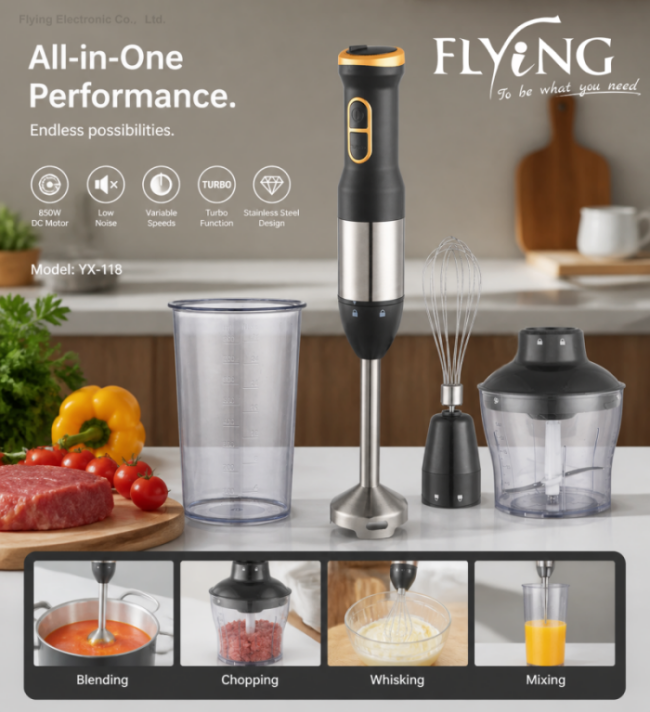 YX-118 4 in 1 Hand Blender 850W DC Motor Variable Speed Turbo Function Stainless Steel Immersion Blender Set